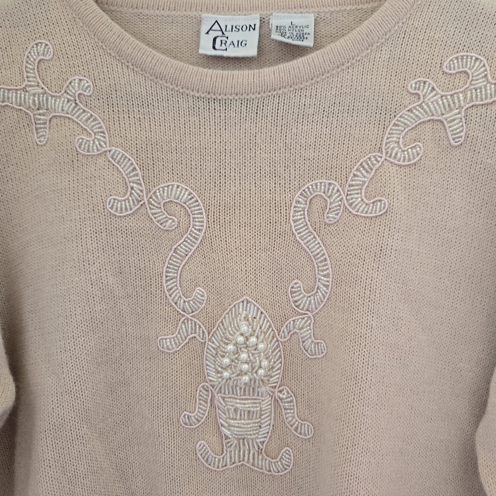Vintage Alison Craig Light Pink Beaded Embroidered Sweater - Picture 2 of 4
